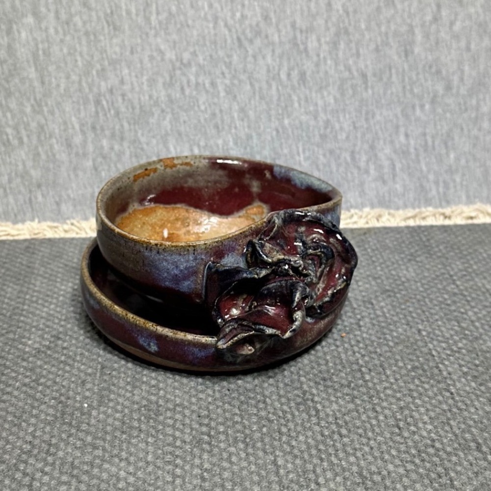 Studio Pottery Succulent Planter with Drip Tray Signed Purple Burgundy Glaze